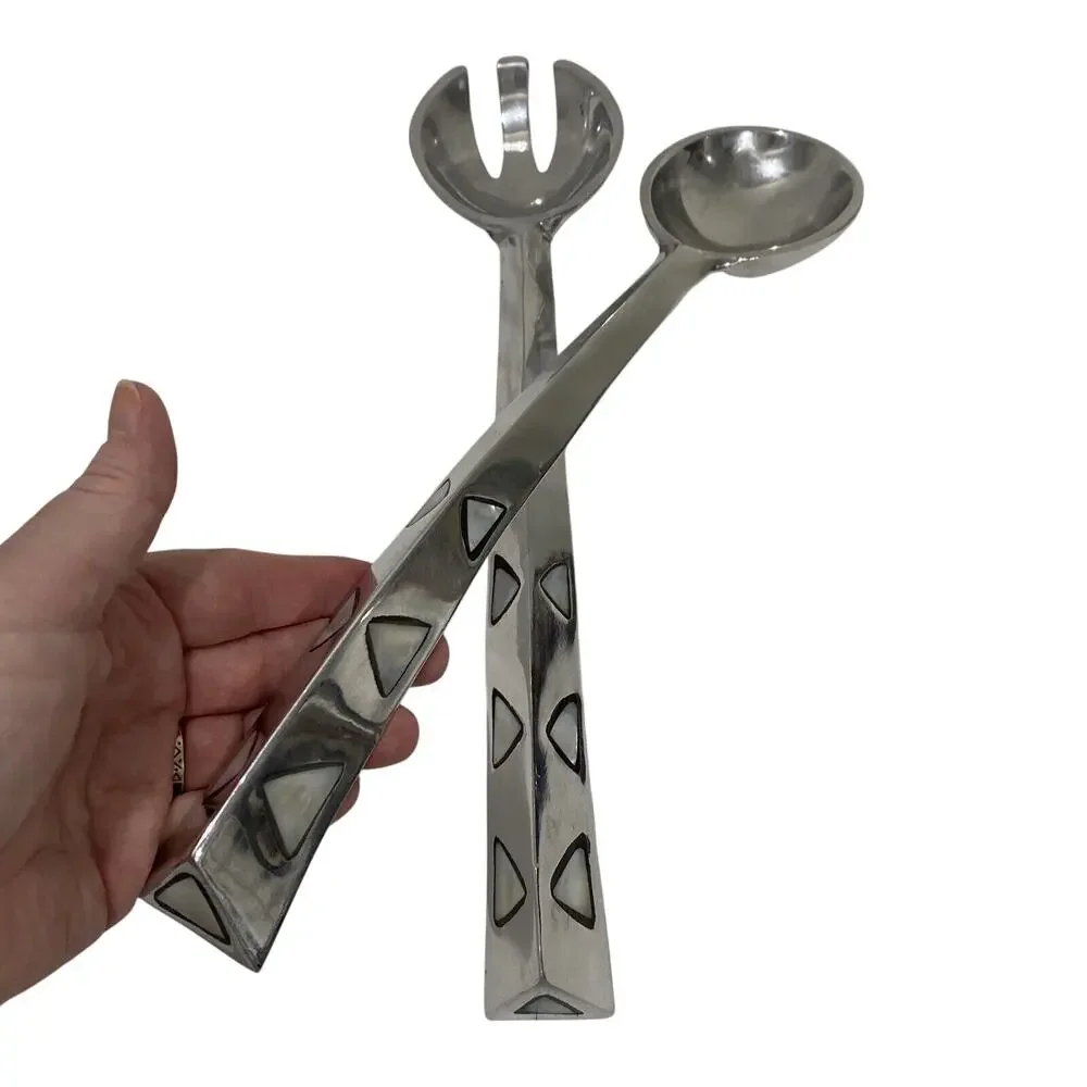 Artisan Silver Serving Fork & Spoon Set White Stone Shell Inlay Made in India